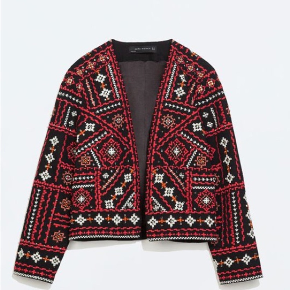 ZARA Ethnic Boho Embroidered Jacket Red Black Beaded Embellished Medium